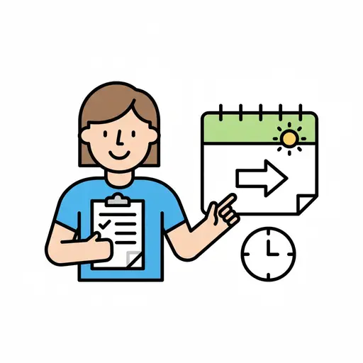 A child with a checklist points at a calendar with a forward arrow.