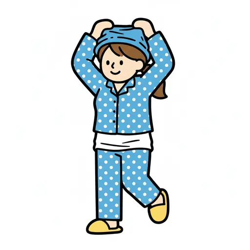 Een kind trekt een gestippelde pyjama aan met een handdoek op het hoofd.