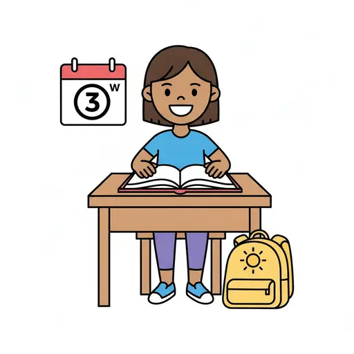 A laughing child sits at a school desk with an open book and a yellow backpack on the floor, with a calendar showing the number 3 on the wall.