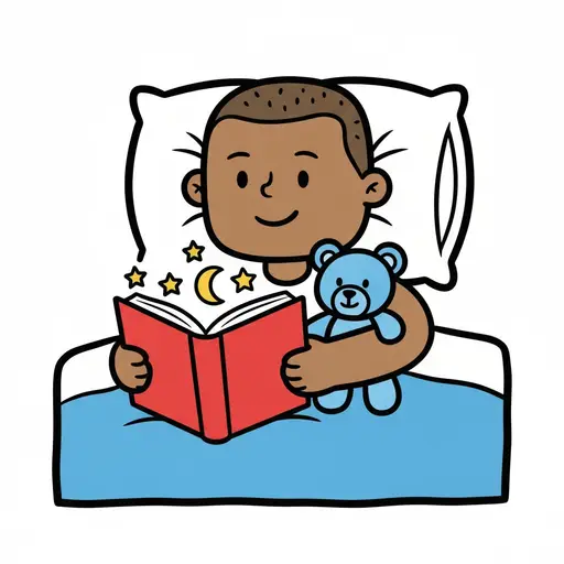 Een kind ligt in bed een rood boek te lezen met een blauwe teddybeer in zijn arm.