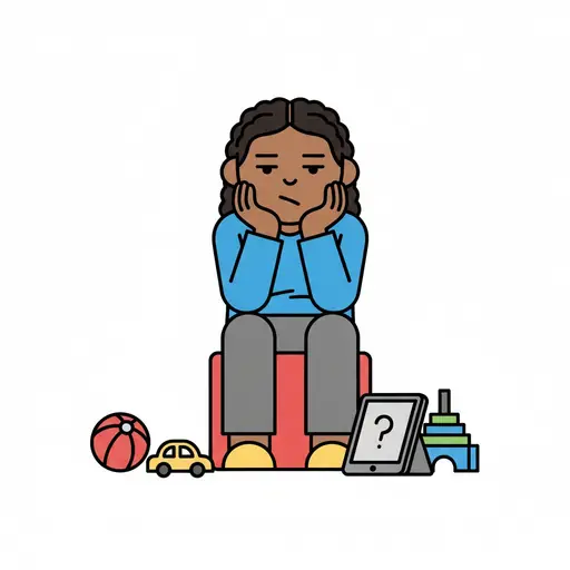 A child with a bored expression sits with their chin in their hands on a red stool, with a ball, a toy car, a tablet showing a question mark and a stacking toy on the floor.