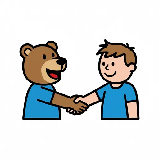 A smiling boy in a blue shirt shaking hands with a brown bear character also wearing a blue shirt.