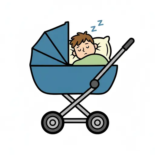 A child with brown hair sleeping on a pillow in a blue pram with the canopy raised and grey wheels, small Z marks above the head.
