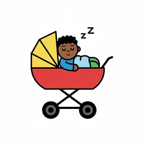 Een kind slaapt in een rode kinderwagen met de gele zonnekap omhoog en twee zwarte wielen, met kleine Z-tekens die boven het hoofd zweven.