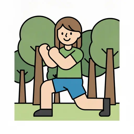 A child does a lunge exercise among the trees in the forest.