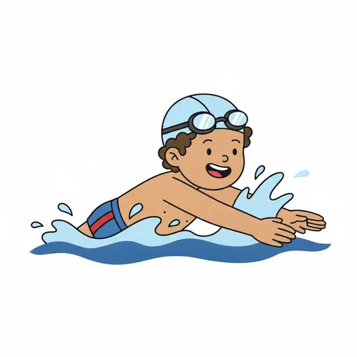 Een lachend kind met een lichtblauwe badmuts en een zwembril omhoog op het voorhoofd zwemt vooruit met opspattend water.