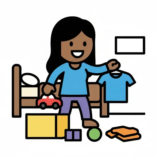 A child tidies their room, holding up a shirt among toys and boxes.