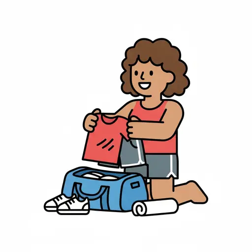 Een kind zit op de grond bij een open sporttas en houdt een rood shirt omhoog.