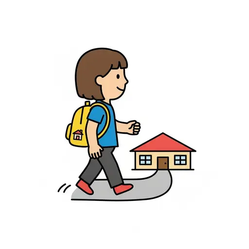 Een kind met een gele rugzak loopt over een pad naar een schoolgebouw.