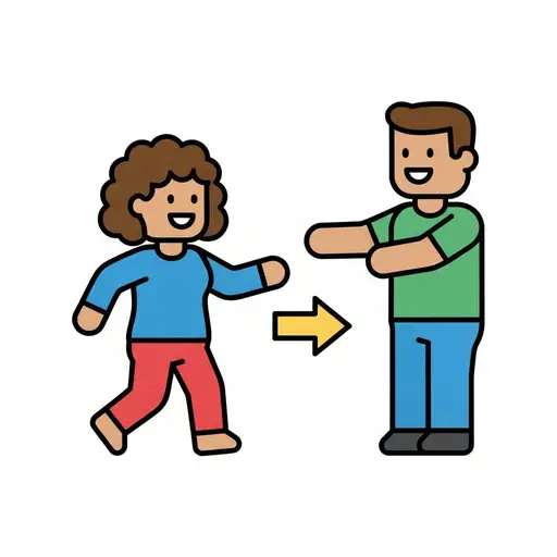 A child walks towards an adult with open arms, a yellow arrow between them.