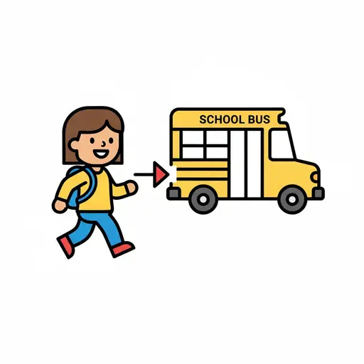 Et smilende barn med blå ryggsekk går mot en gul skolebuss, med en pil som peker mot bussen.