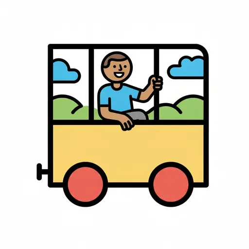 Ett glatt barn sitter i en gul tågvagn med utsikt mot moln och kullar.