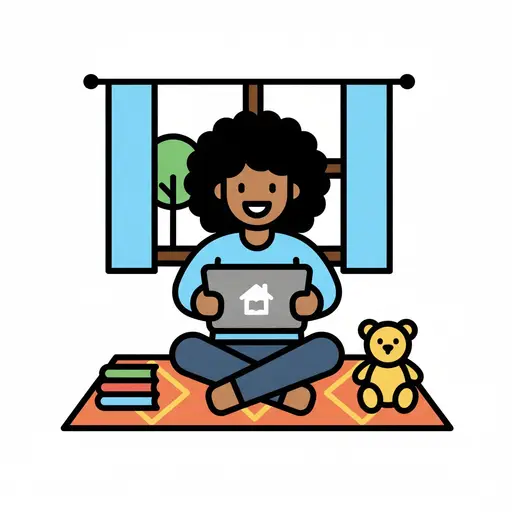 Een kind zit met gekruiste benen op een kleed met een tablet, met een teddybeer en boeken ernaast.