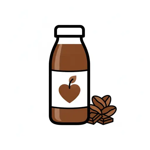 Eine Flasche Trinknahrung mit Schokogeschmack und Kakaobohnen.