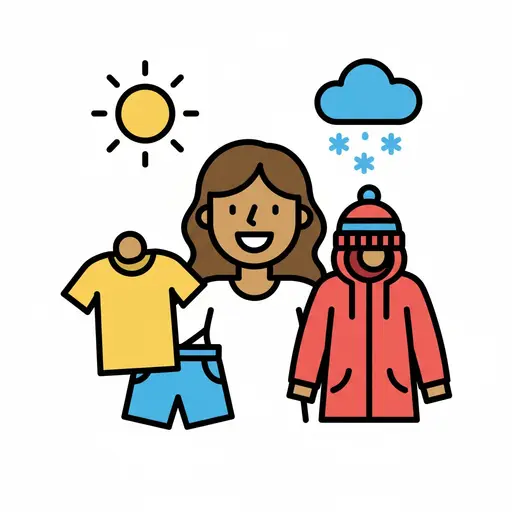 Een kind kiest kleren op basis van het weer, met zon, T-shirt en short voor warme dagen en wolken, sneeuw en warme winterkleren voor koude dagen.