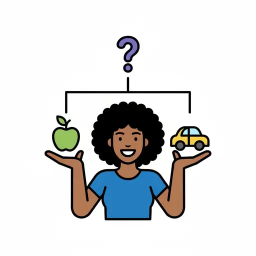 A person holds an apple in one hand and a toy car in the other, with a question mark above.
