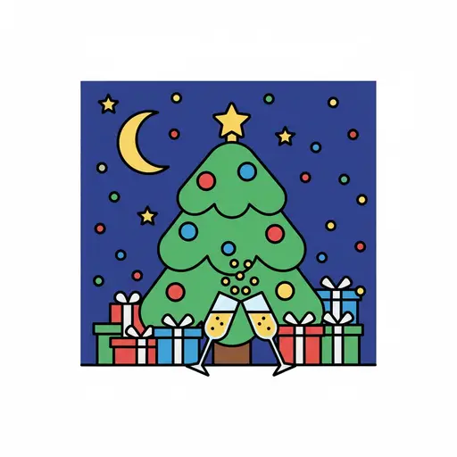 Een versierde kerstboom in de avond met een maan, sterren, ingepakte cadeaus en twee glazen die klinken.