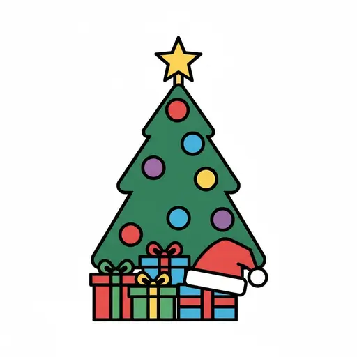 En pyntad julgran med stjärna i toppen och julklappar och en tomteluva under.
