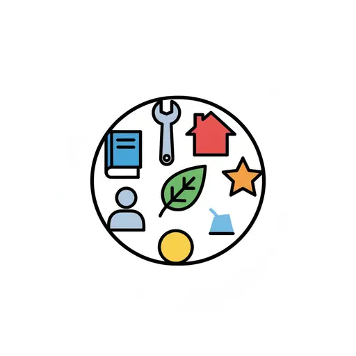A circle of assorted icons: a book, a wrench, a house, a star and a leaf.