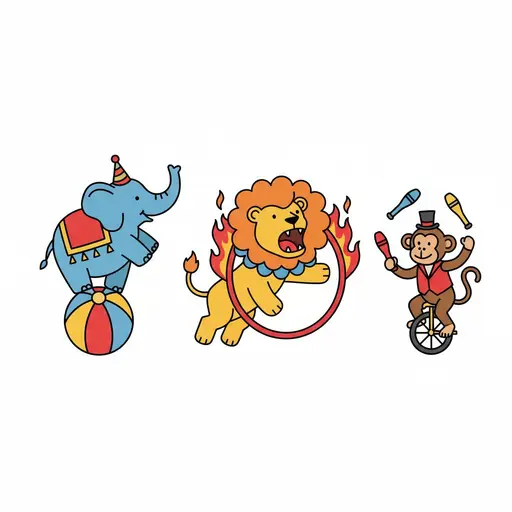Three cartoon circus animals: an elephant balancing on a colorful ball, a lion jumping through a fiery hoop, and a monkey riding a unicycle while juggling.