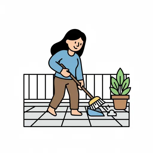 Et barn fejer altangulvet med en kost og fejebakke, med en potteplante ved siden af.
