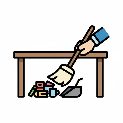 A hand sweeps clutter and items from a desk into a dustpan.