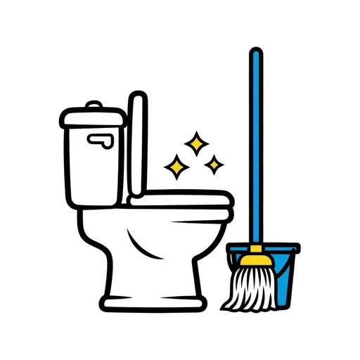 Et hvidt toilet skinner med gule stjerner ved siden af en moppe, der står i en blå spand.