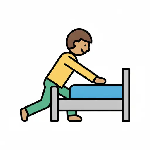 A child climbs out of bed and puts their feet on the floor.