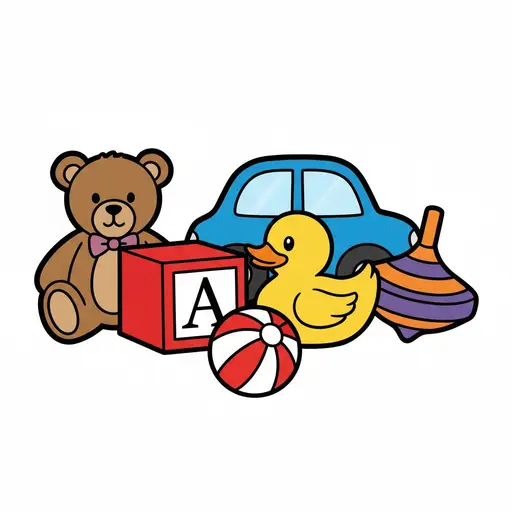 En samling legetøj inklusive en bamse, bil, and, klods og bold.