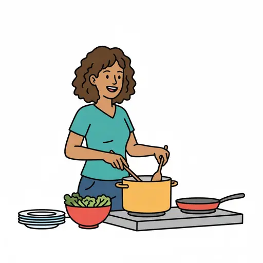 Een persoon roert in een gele pan met een saladekom, een koekenpan en borden op het aanrecht.