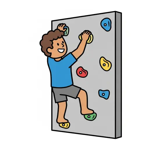 Een vrolijke jongen met krullend haar klimt op blote voeten op een grijze klimmuur met kleurige grepen.