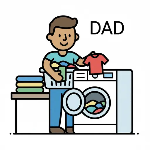 Een papa staat naast een wasmachine met een wasmand vol kleren en doet een rood shirt in de machine. Op een aanrecht naast hem ligt een stapel opgevouwen kleren.