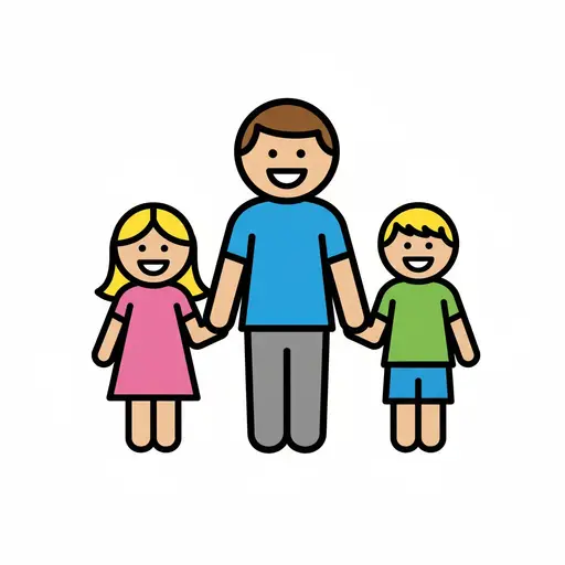 A dad holds hands with his two children while everyone smiles.