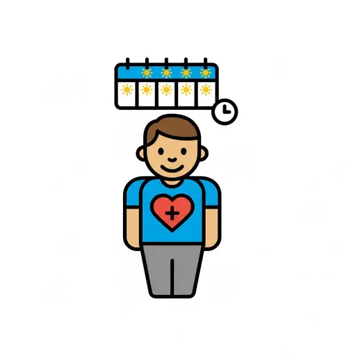Een gestileerde persoon met een blauw hart op het shirt. Boven het hoofd hangt een kalenderstrook met zeven dagen, elk met een zon. Naast de kalender staat een klein klokje dat een dagindeling aangeeft.