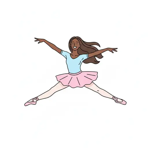 A laughing dancer with long hair in a light blue top and pink tutu jumps with legs apart and arms stretched wide.