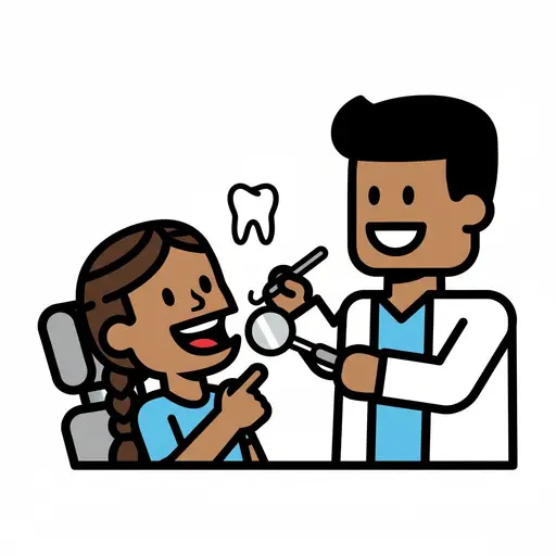 Een kind zit met open mond in een tandartsstoel en wijst naar zijn tanden. Een tandarts onderzoekt de tanden van het kind met een mondspiegel en een sonde. Boven het hoofd van het kind staat een tandpictogram.