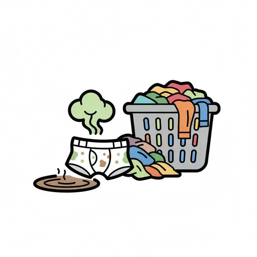 Een witte onderbroek met vlekken en een groen geursymbool naast een grijze wasmand vol kleurige kleren.
