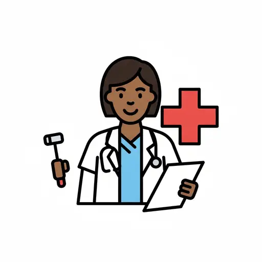 Een lachende dokter in een witte jas met een stethoscoop houdt een klembord vast, naast een rood kruis en een reflexhamer.