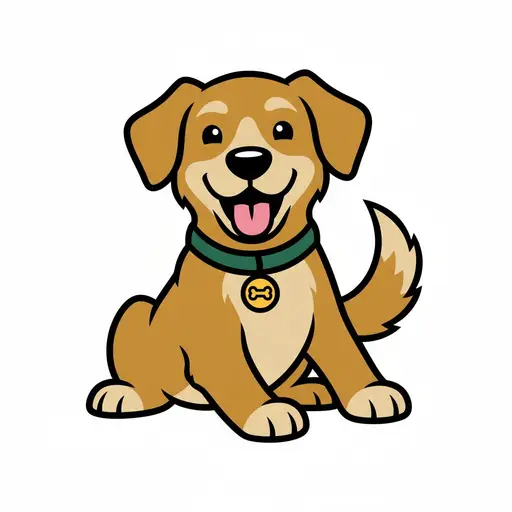 Een vriendelijke tekenhond zit met een groene halsband en een botvormig penningje.