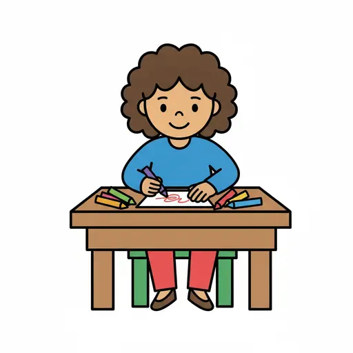 A child sits at a table drawing on paper with crayons.