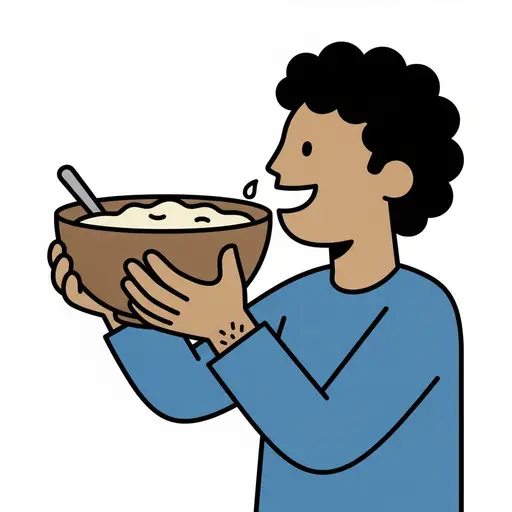 En person dricker välling direkt ur en stor skål med en sked i.