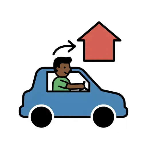Een persoon rijdt in een blauwe auto, met een pijl die naar een rood huis wijst.