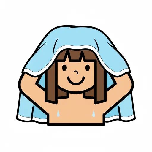 Een kind droogt zich na het bad of de douche af met een blauwe handdoek.