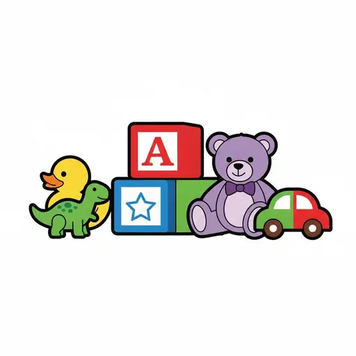 En gul badeand, en grønn dinosaur, byggeklosser med en A og en stjerne, en lilla bamse med sløyfe og en rød lekebil.