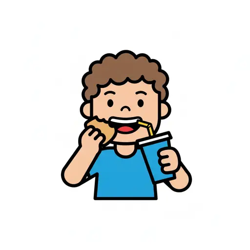 Een kind neemt een hap van een broodje en drinkt uit een beker met een rietje.
