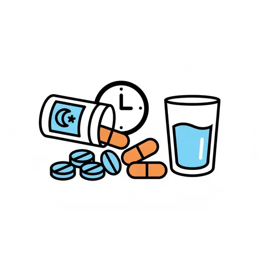 Een medicijnflesje met een maansymbool, tabletten en capsules, een glas water en een klok.