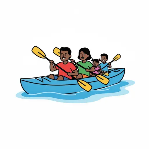 A family of four paddles a blue kayak on the water.
