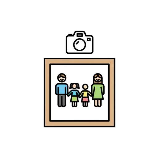 A camera above a framed picture of a family with two adults and two children.
