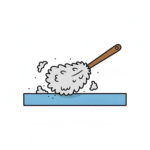 Een witte plumeau met een houten steel veegt over een blauwe plank zodat er stofwolkjes opstijgen.