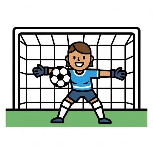 A female soccer goalie stands in front of a goal, holding a soccer ball.